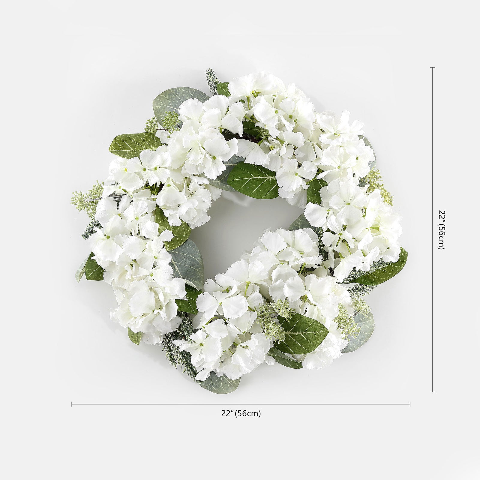 A 22-inch wreath combines white hydrangeas and leafy green accents. || FXP1037A || dimension_studio