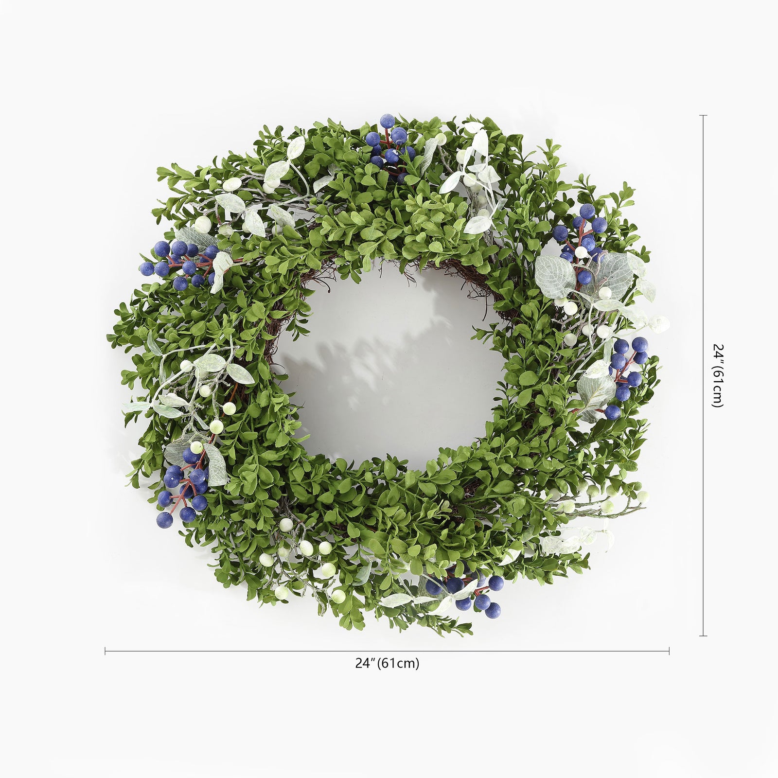 A 24-inch boxwood wreath is dotted with blue and white berries. || FXP1038A || dimension_studio