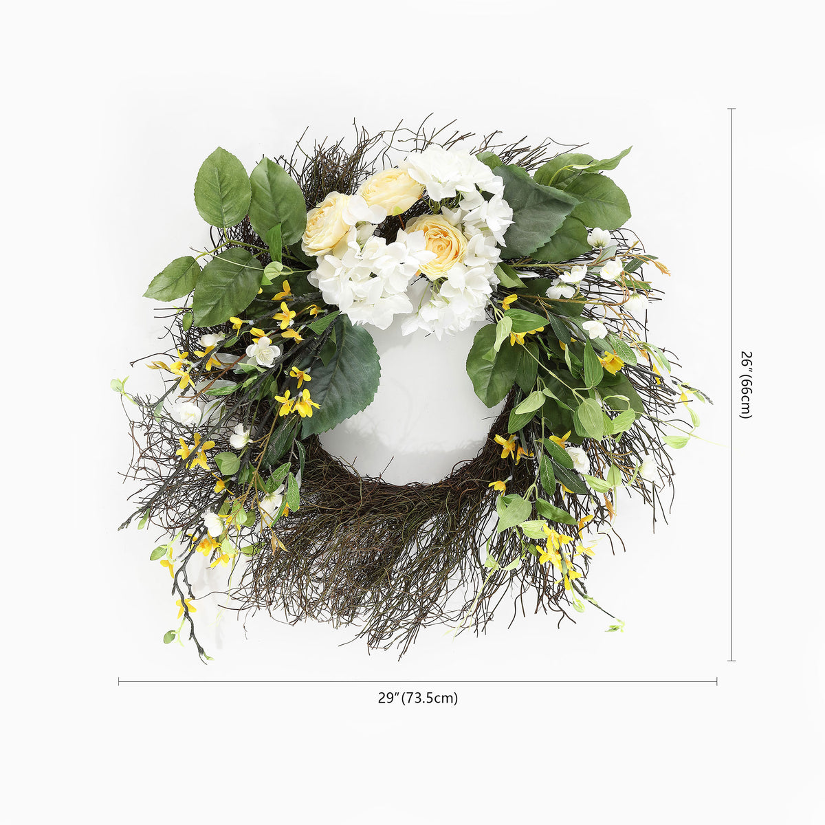An airy floral wreath spans about 29 inches at its widest point.