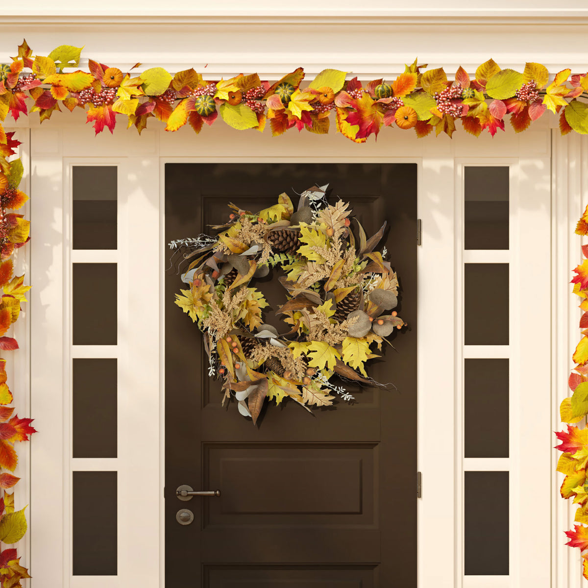 Golden oak leaves and soft greenery brighten an autumn doorway. || FXP1042A || front_room