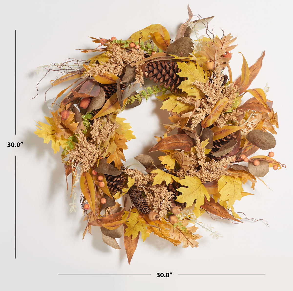 A 30-inch wreath combines warm oak leaves with layered foliage. || FXP1042A || dimension_studio