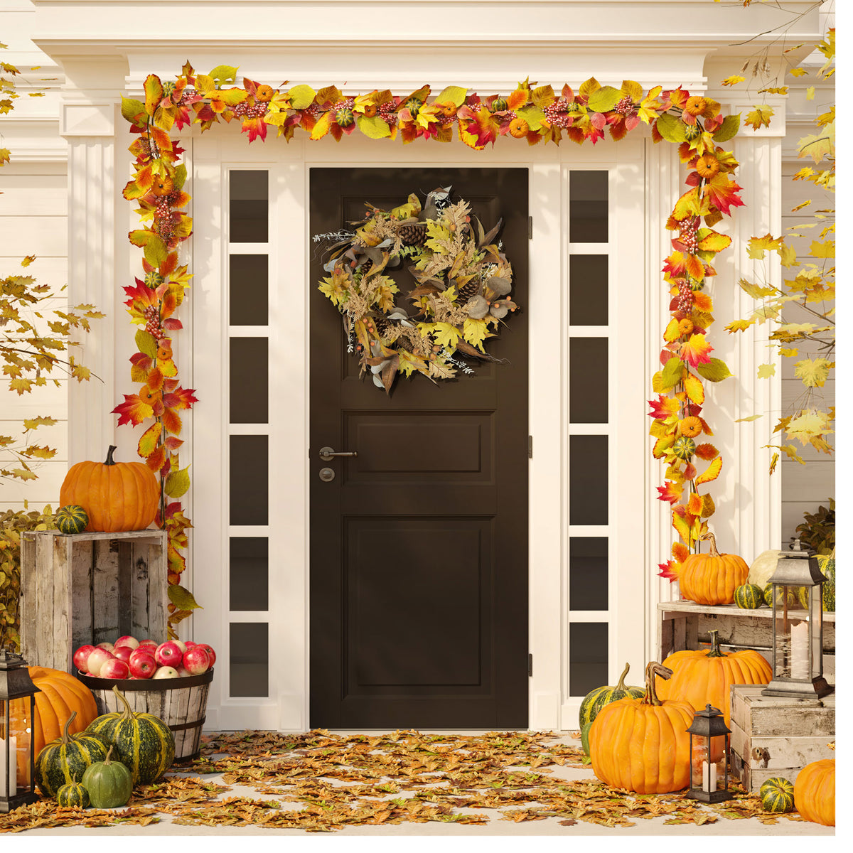 An oak leaf wreath adds mellow yellow and copper tones to the entryway. || FXP1042A || front_room