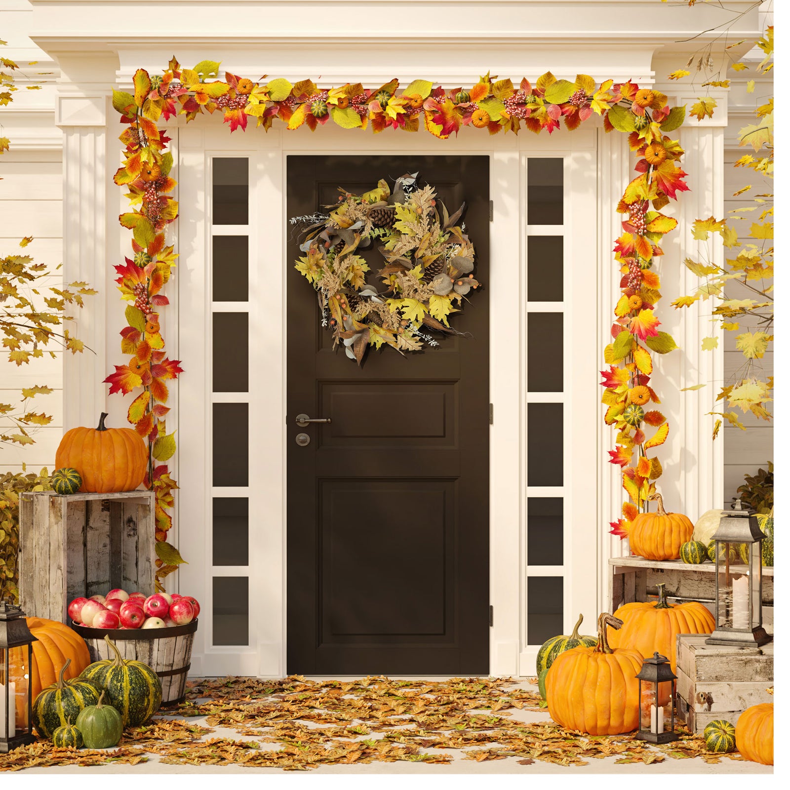 An oak leaf wreath adds mellow yellow and copper tones to the entryway. || FXP1042A || front_room