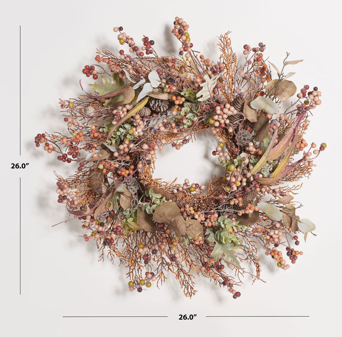 A 26-inch wreath combines autumn berries, acorns, and branching foliage.