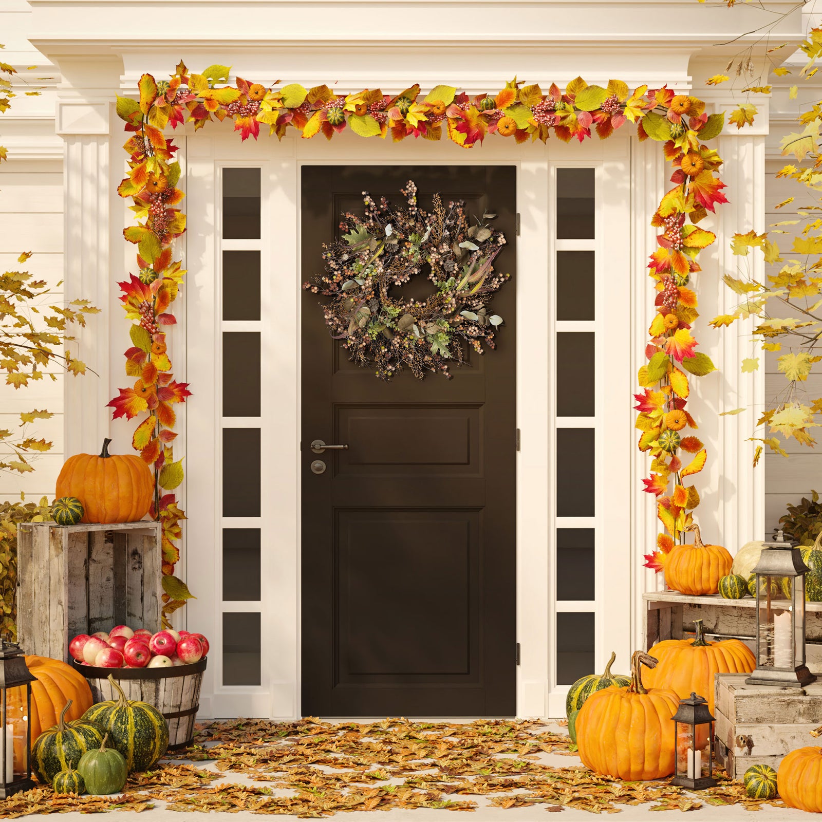 A rustic berry and acorn wreath adds understated fall color to the entryway. || FXP1043A || front_room