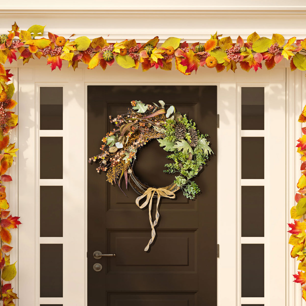 Berries and sage-green foliage sweep around a twig wreath with a hanging bow.