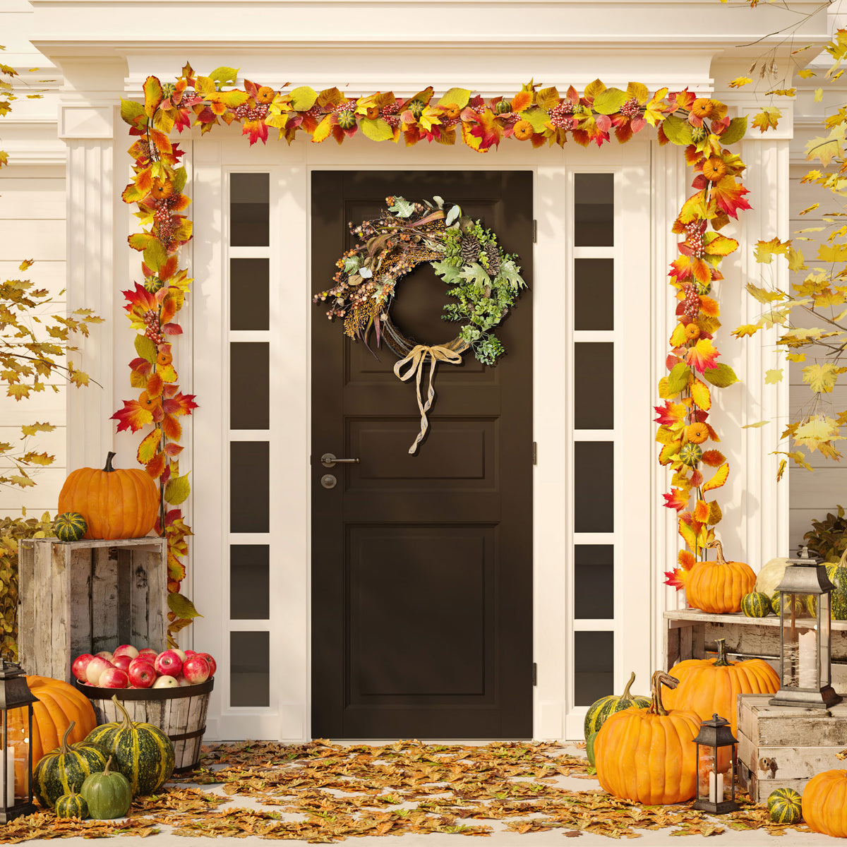An airy autumn wreath brings natural greenery and berry accents to a dark door. || FXP1044A || front_room