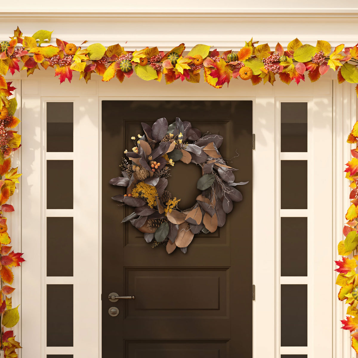 Purple magnolia leaves and golden accents create a moody autumn door accent. || FXP1047A || front_room