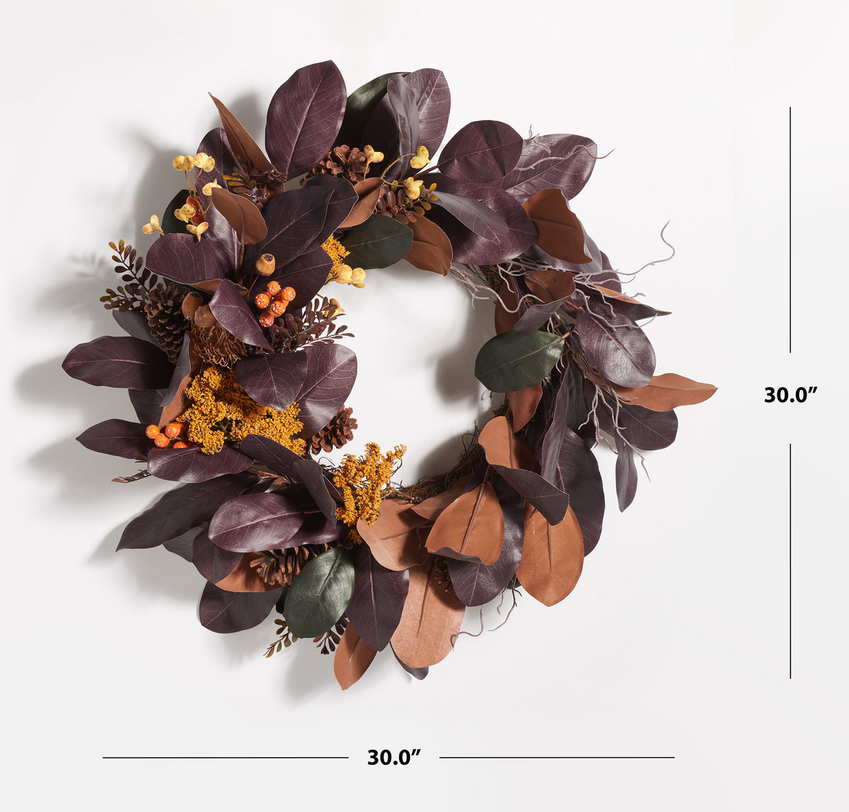 A 30-inch wreath layers purple and brown leaves with bright fall accents. || FXP1047A || dimension_studio