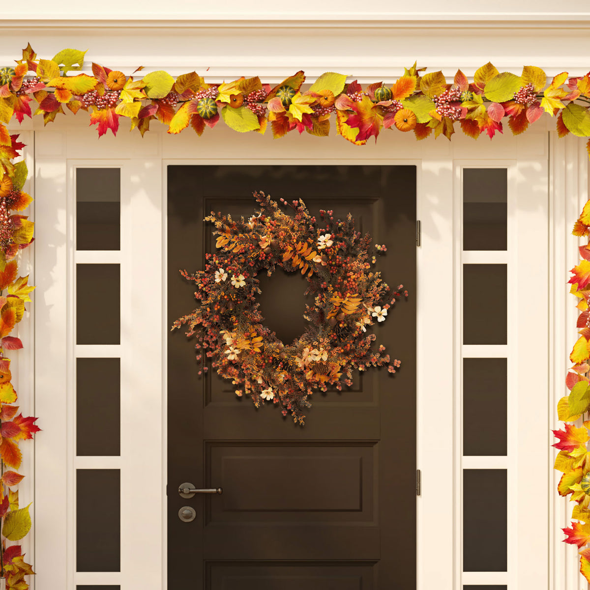 Warm berries and small blossoms create a colorful autumn doorway accent. || FXP1050A || front_room