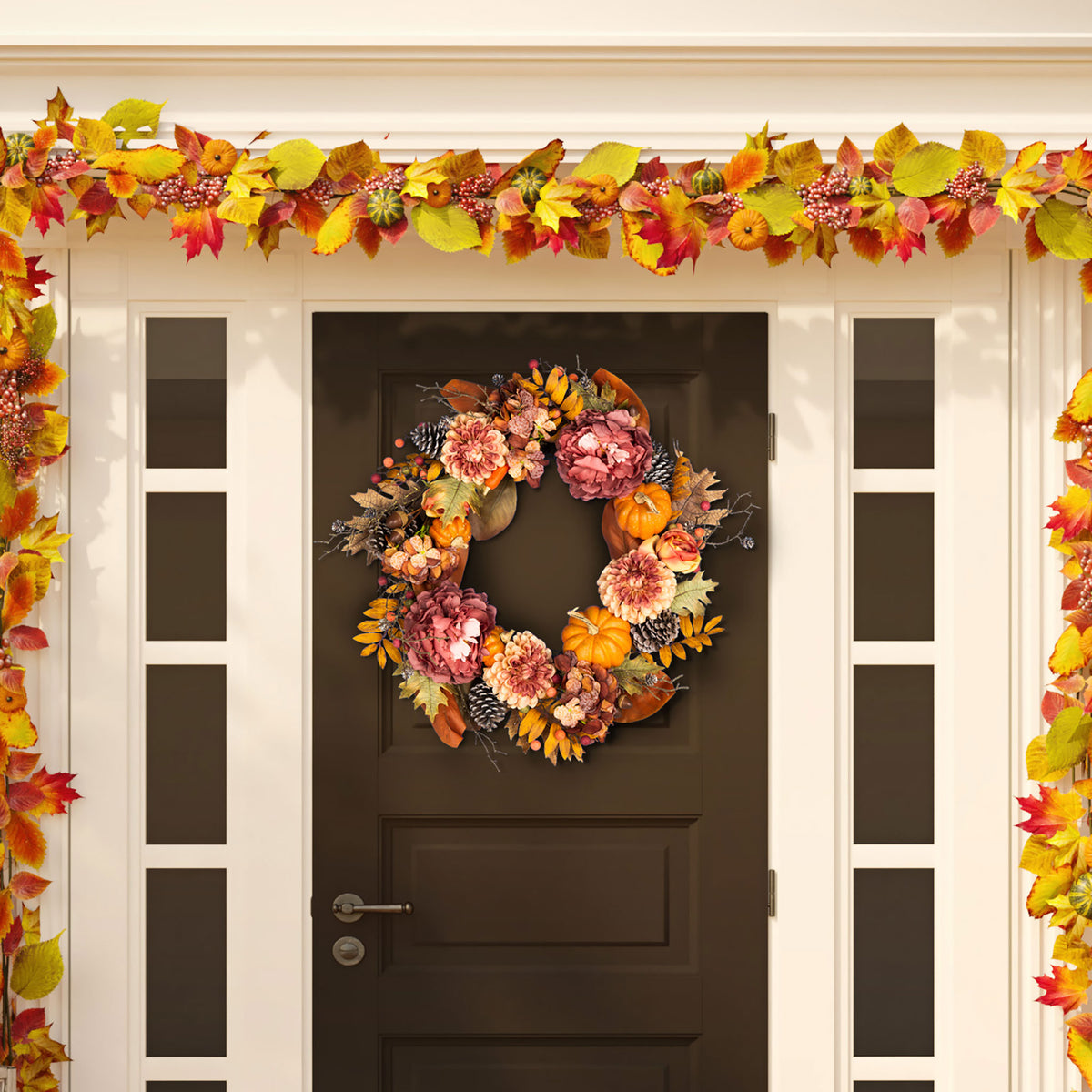 Rosy peonies and orange pumpkins bring harvest color to a dark door. || FXP1053A || front_room