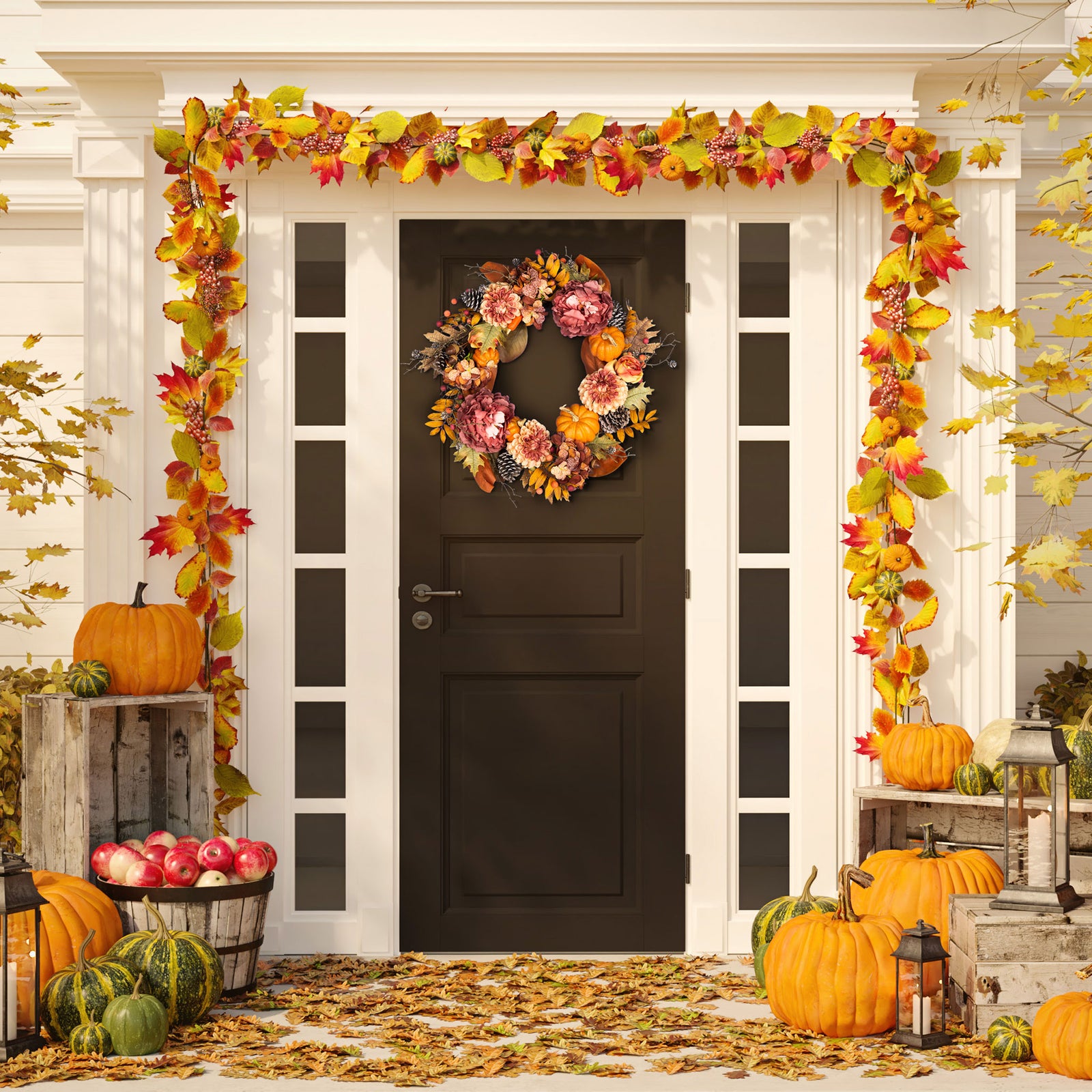 A floral pumpkin wreath adds warm autumn tones to the entryway. || FXP1053A || front_room