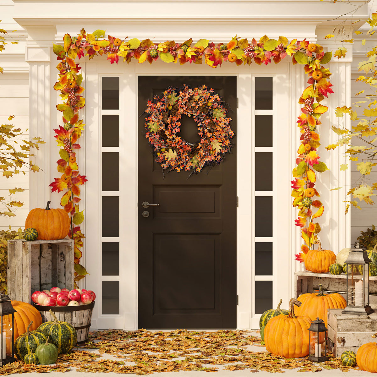 A berry-rich fall wreath adds seasonal warmth to a decorated doorway. || FXP1054A || front_room