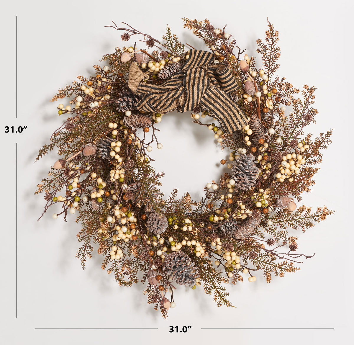 A 31-inch wreath pairs pale berries and pine cones with a striped bow. || FXP1055A || dimension_studio