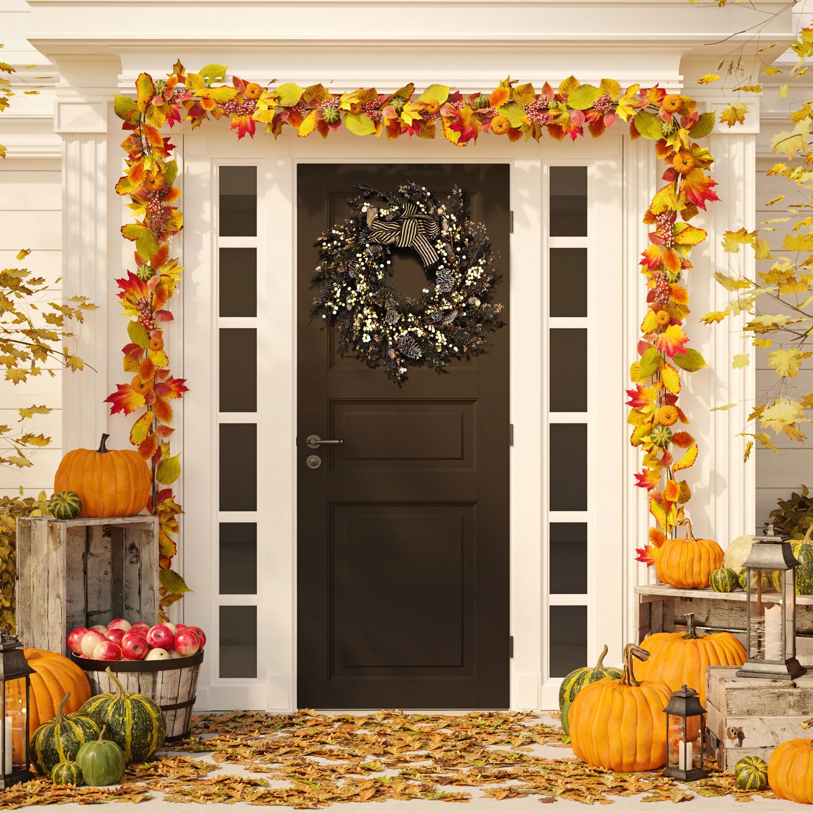 This berry and pine cone wreath adds soft contrast to an autumn entryway. || FXP1055A || front_room