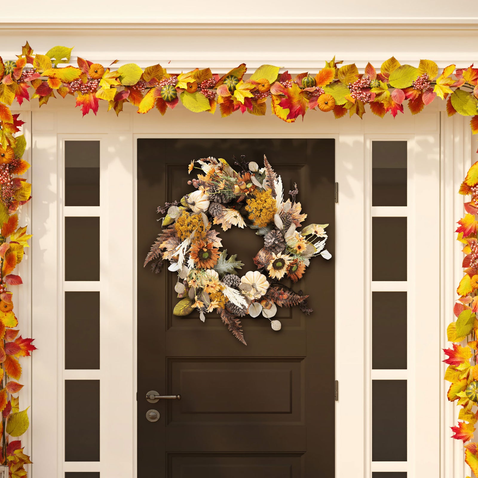 Small pumpkins and golden flowers give a doorway a harvest welcome. || FXP1056A || front_room