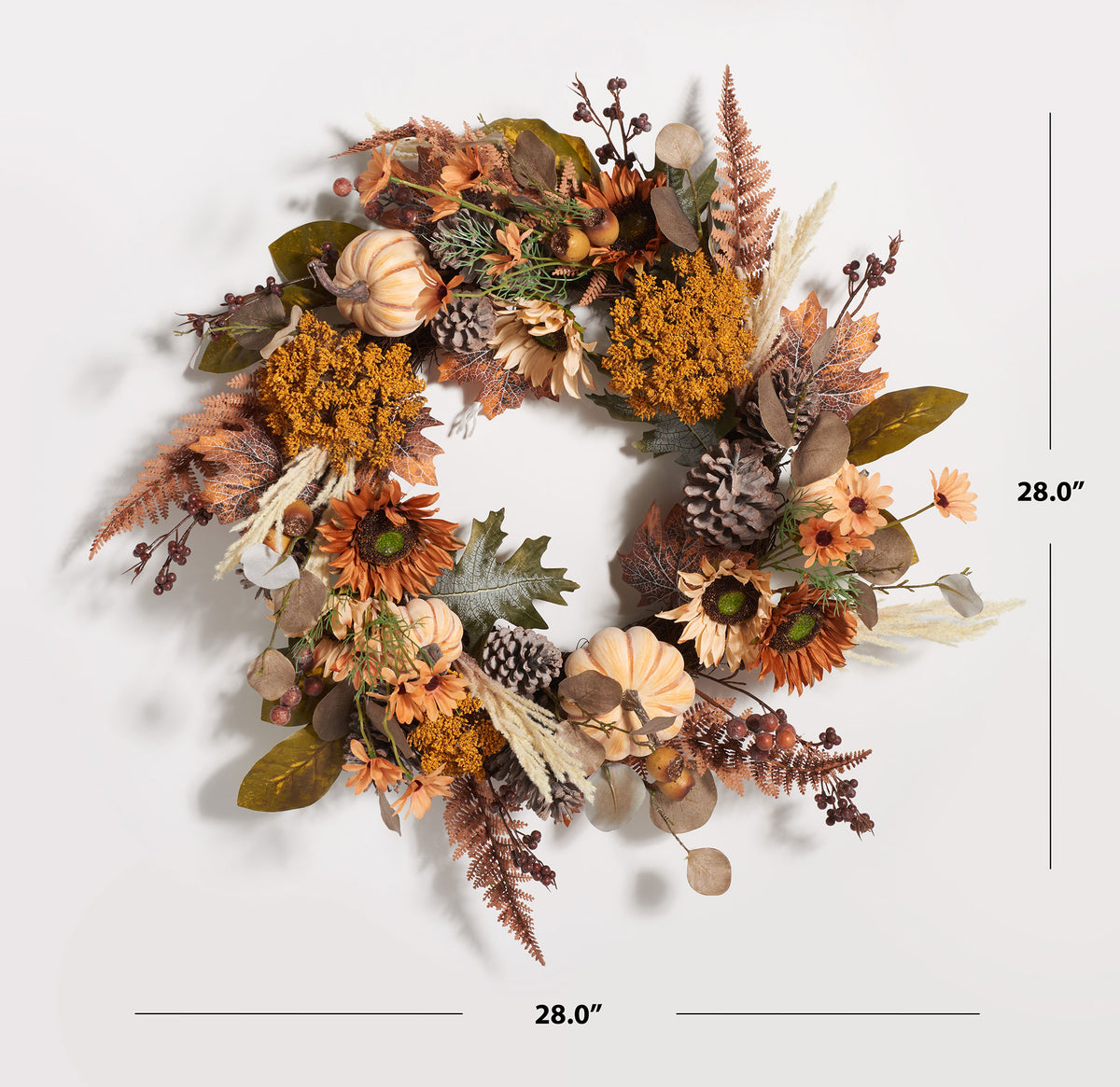 A 28-inch wreath layers pumpkins, warm blossoms, leaves, and pine cones. || FXP1056A || dimension_studio