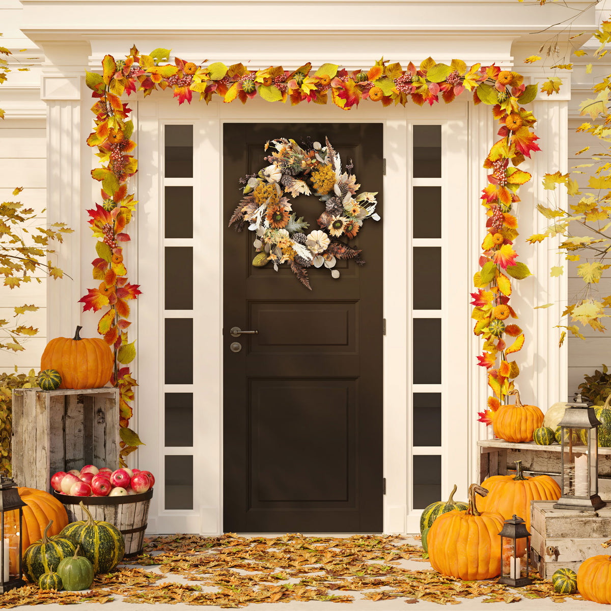 A pumpkin wreath adds soft orange and yellow color to a seasonal entryway. || FXP1056A || front_room