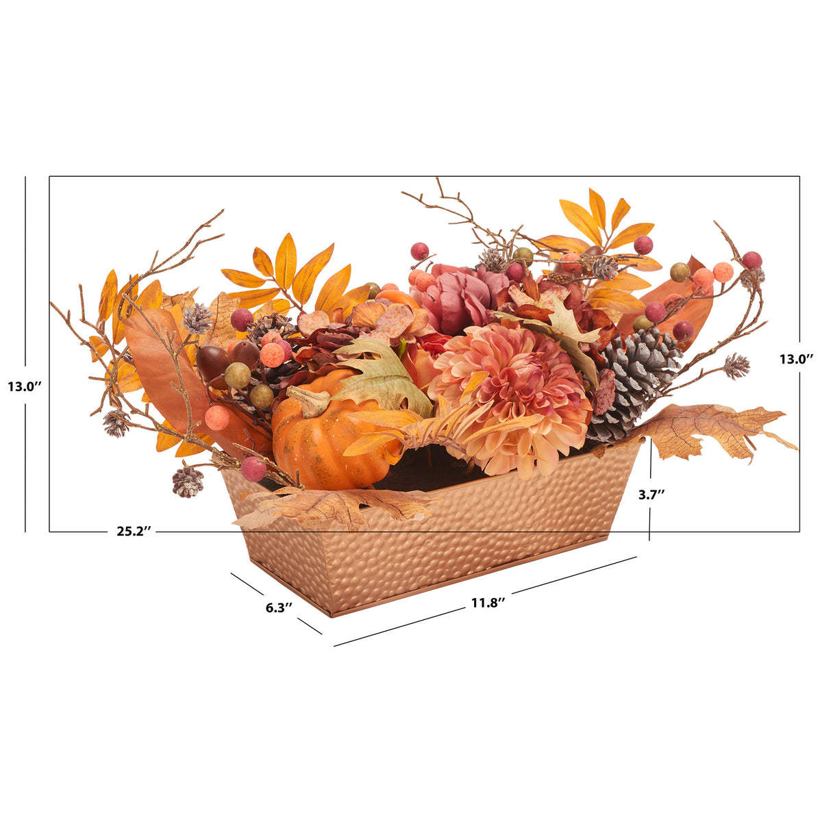 A peony and pumpkin arrangement extends about 25 inches across.