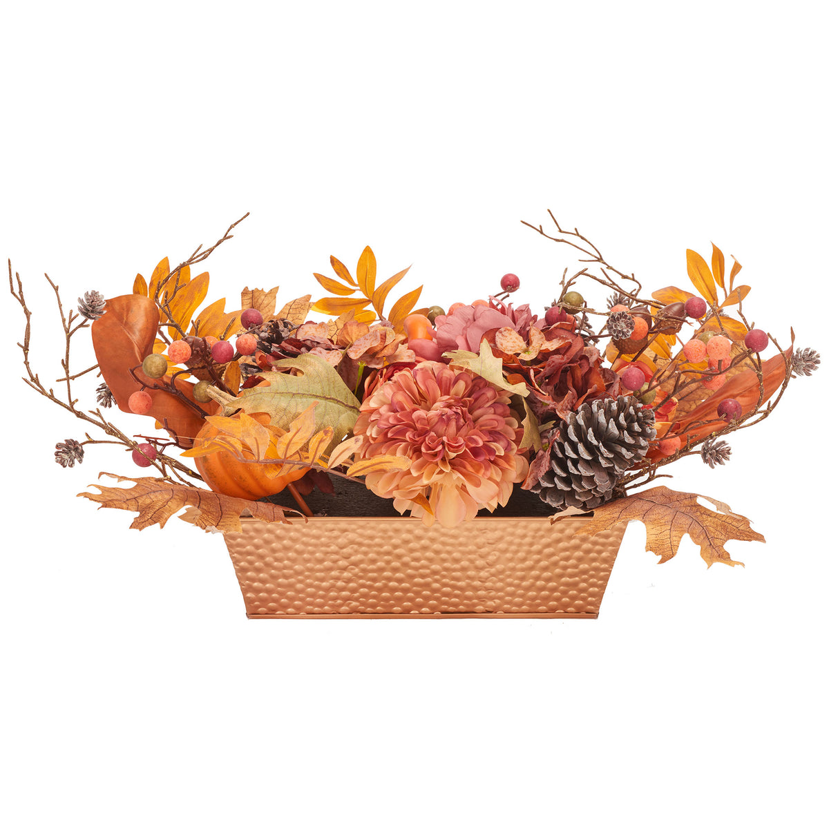 Warm peonies, pumpkins, and berries fill a hammered copper-toned planter. || FXP1057A || front_studio