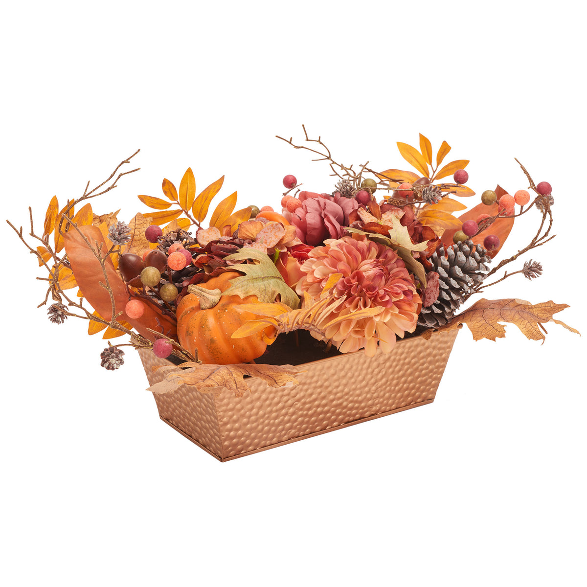 Autumn blooms and small pumpkins spill over a textured rectangular planter. || FXP1057A || front_angle_studio