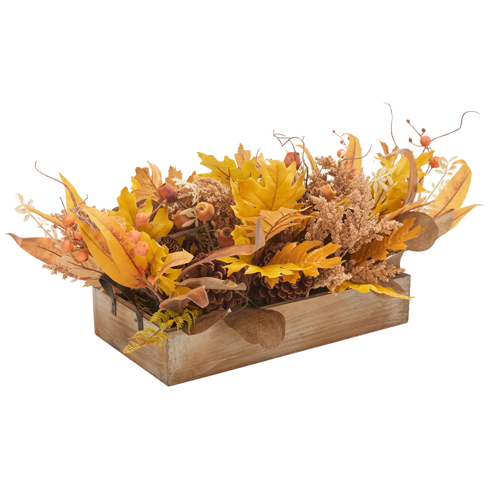 Oak leaves, berries, and eucalyptus spill over a rustic wooden trough. || FXP1063A || front_angle_studio