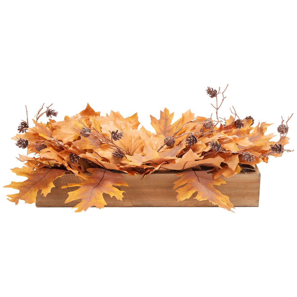 Orange and yellow maple leaves fill a long wooden planter. || FXP1066A || front_studio