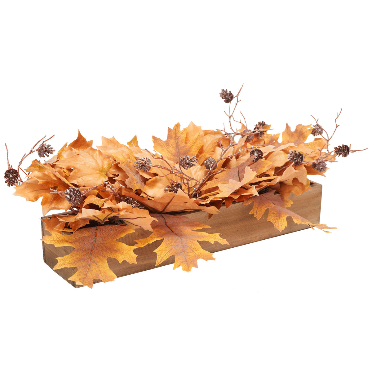 Layered fall leaves and pine cones spill over a rustic wood trough. || FXP1066A || front_angle_studio