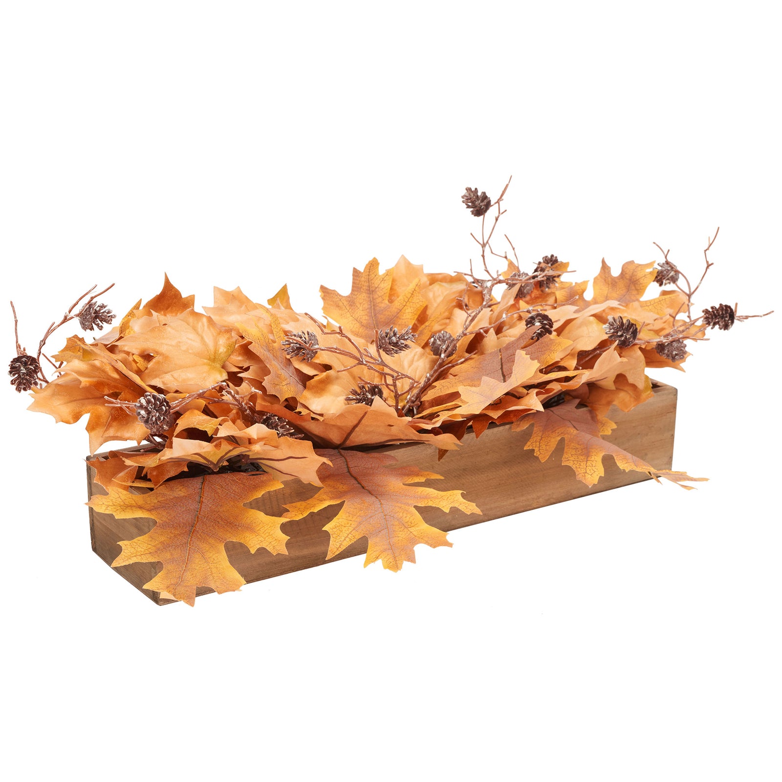 Layered fall leaves and pine cones spill over a rustic wood trough. || FXP1066A || front_angle_studio
