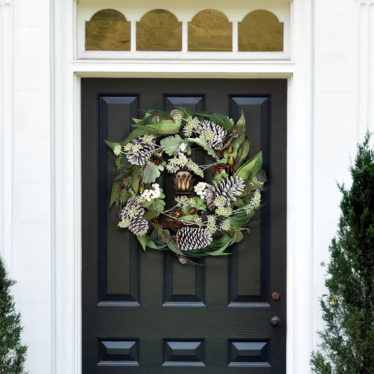 Eucalyptus leaves, pale pine cones, and berries bring winter charm to a door. || FXP1072A || front_room