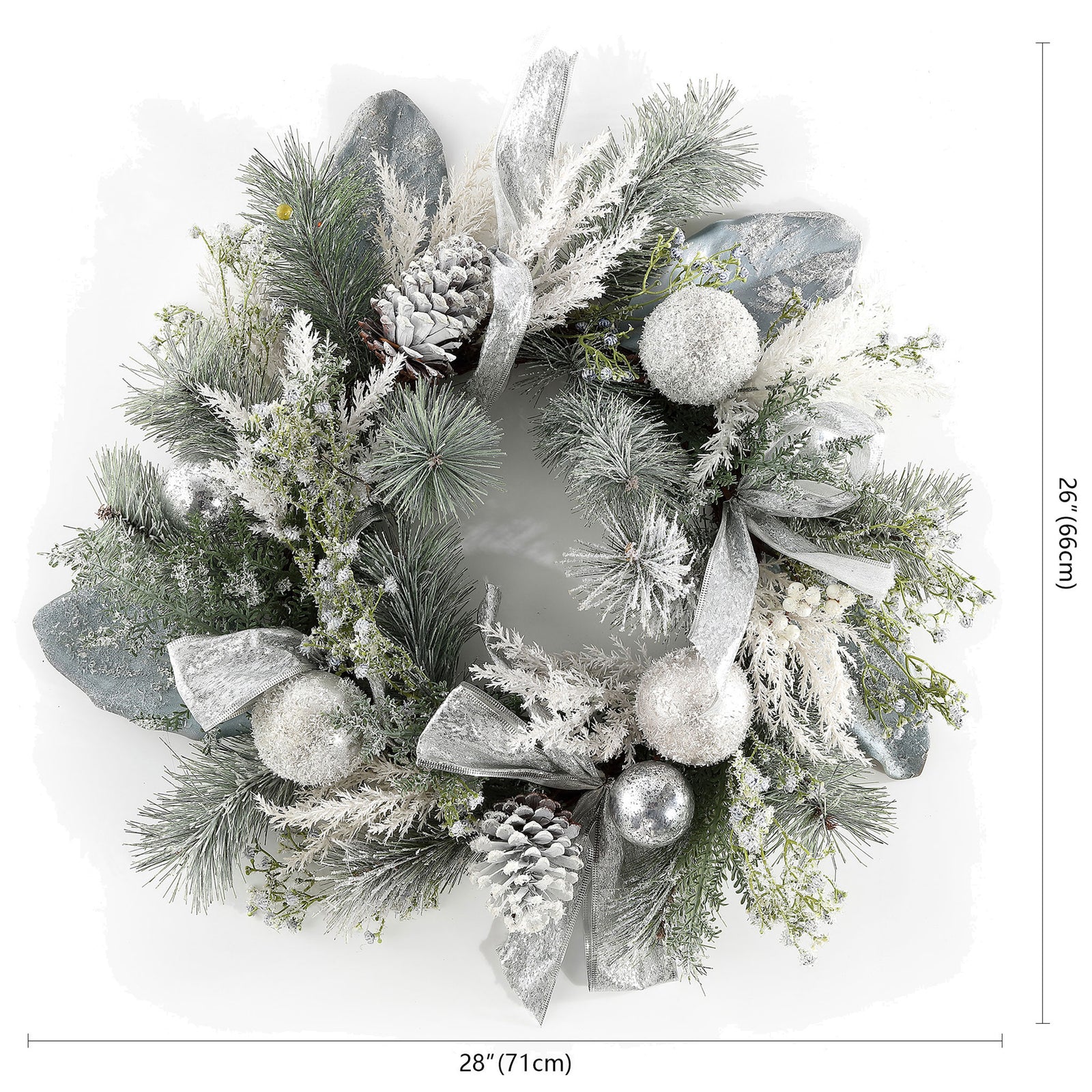 A frosted pine wreath spans about 28 inches across its widest branches. || FXP1077A || dimension_studio