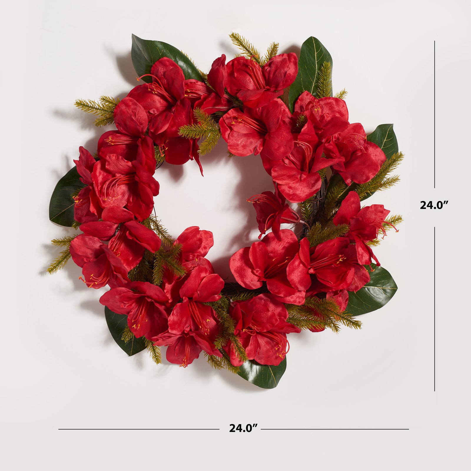 Red amaryllis and green magnolia leaves form a wreath measuring 24 inches across. || FXP1091A || dimension_studio