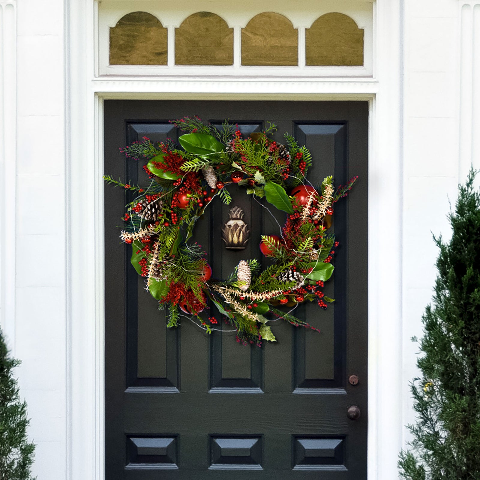 Red ornaments and berries brighten a leafy holiday wreath on a dark door. || FXP1092A || front_room