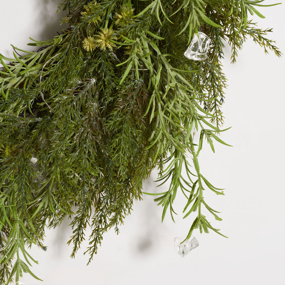 Fine green pine sprigs frame small clear LED bulbs. || FXP1096A || detail_studio