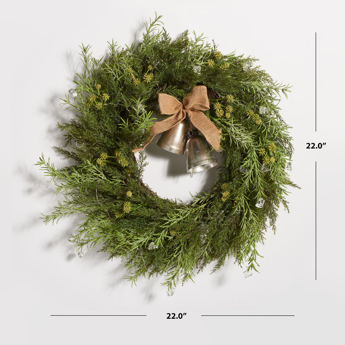 A pine wreath with bells measures 22 inches across. || FXP1096A || dimension_studio
