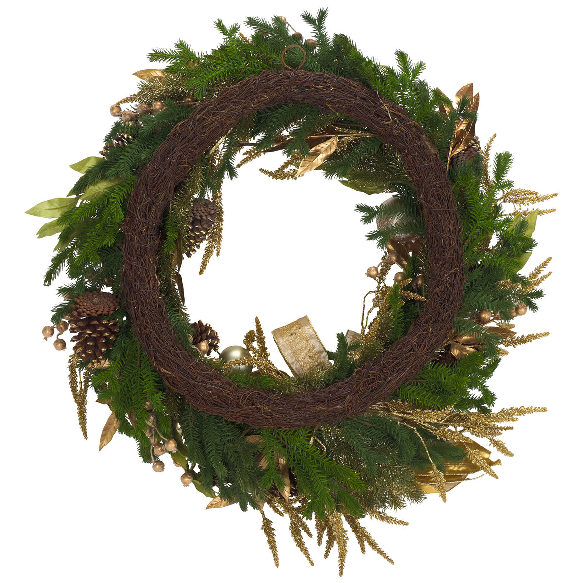 A woven vine base with a hanging loop supports the layered evergreen foliage || FXP1097A || back_studio