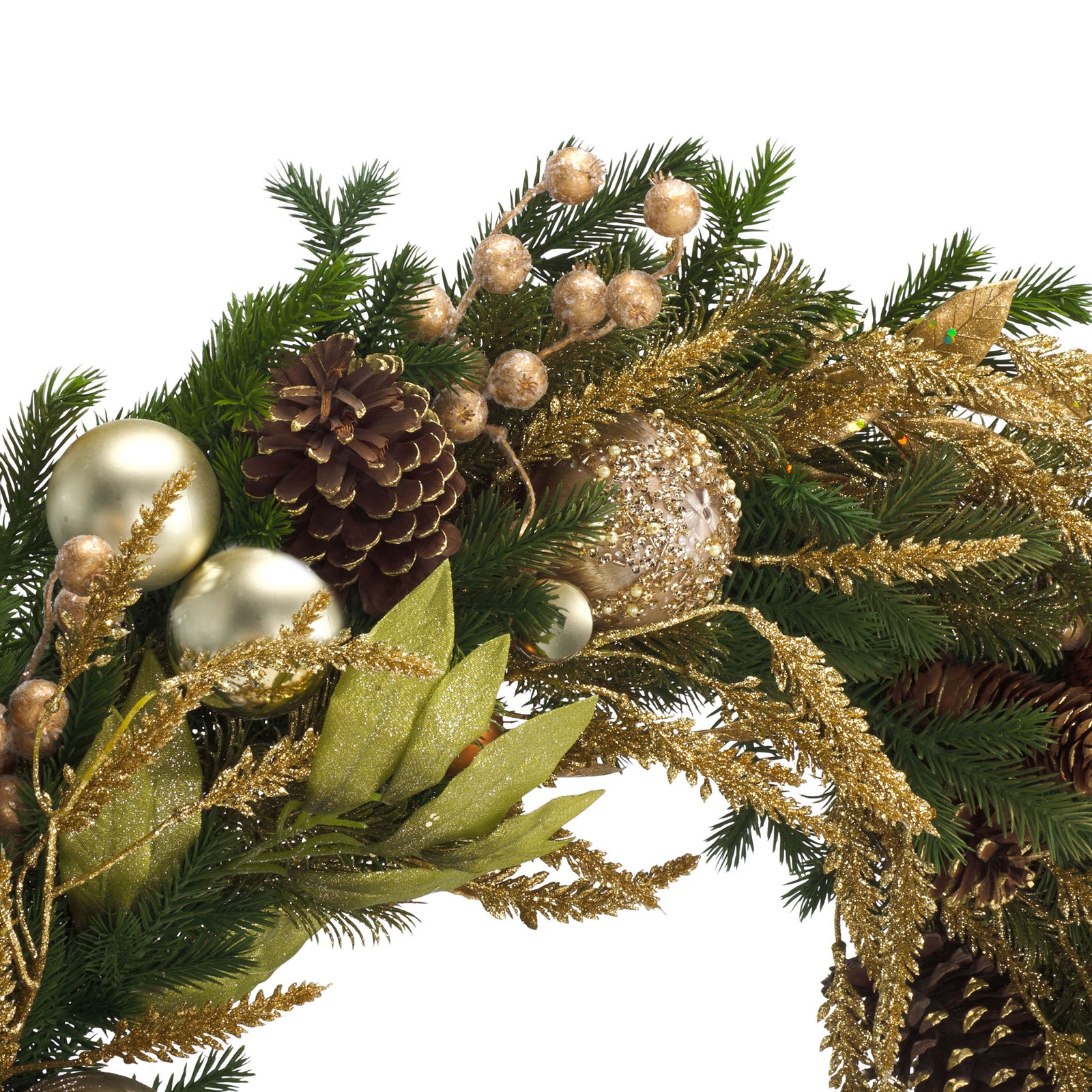 Glittered gold foliage, pinecones, and metallic baubles enrich the evergreen branches || FXP1097A || detail_studio