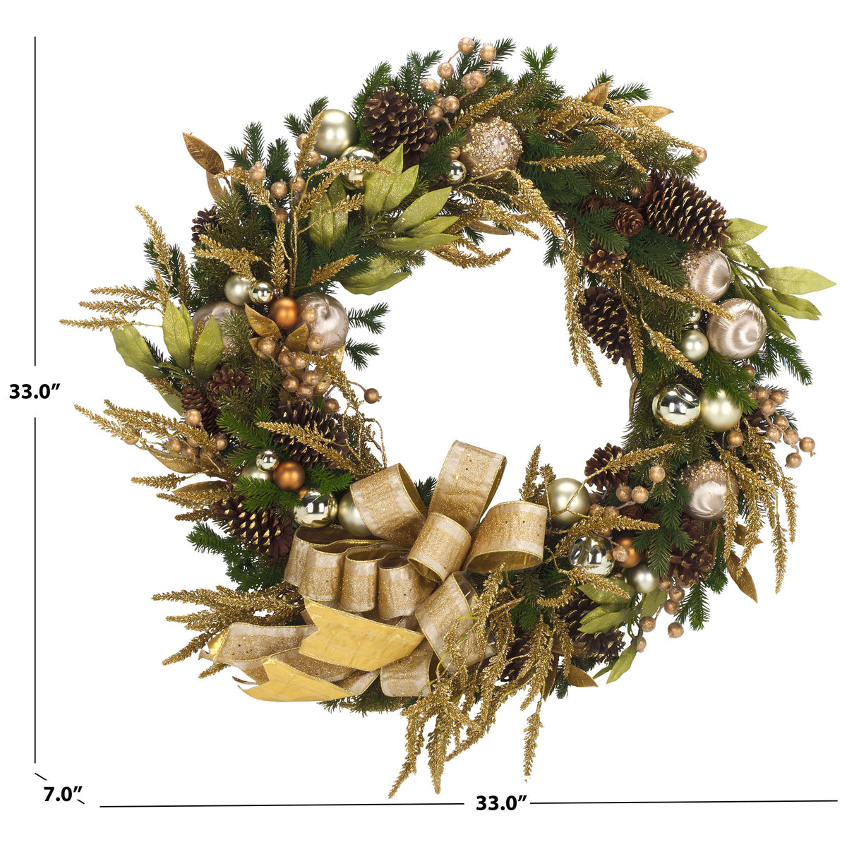 A 33-inch span and 7-inch depth give this gold-accented wreath a festive presence || FXP1097A || dimension_studio