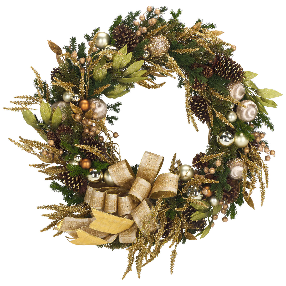 Lush greenery, golden ornaments, pinecones, and a grand bow create a festive wreath || FXP1097A || front_studio