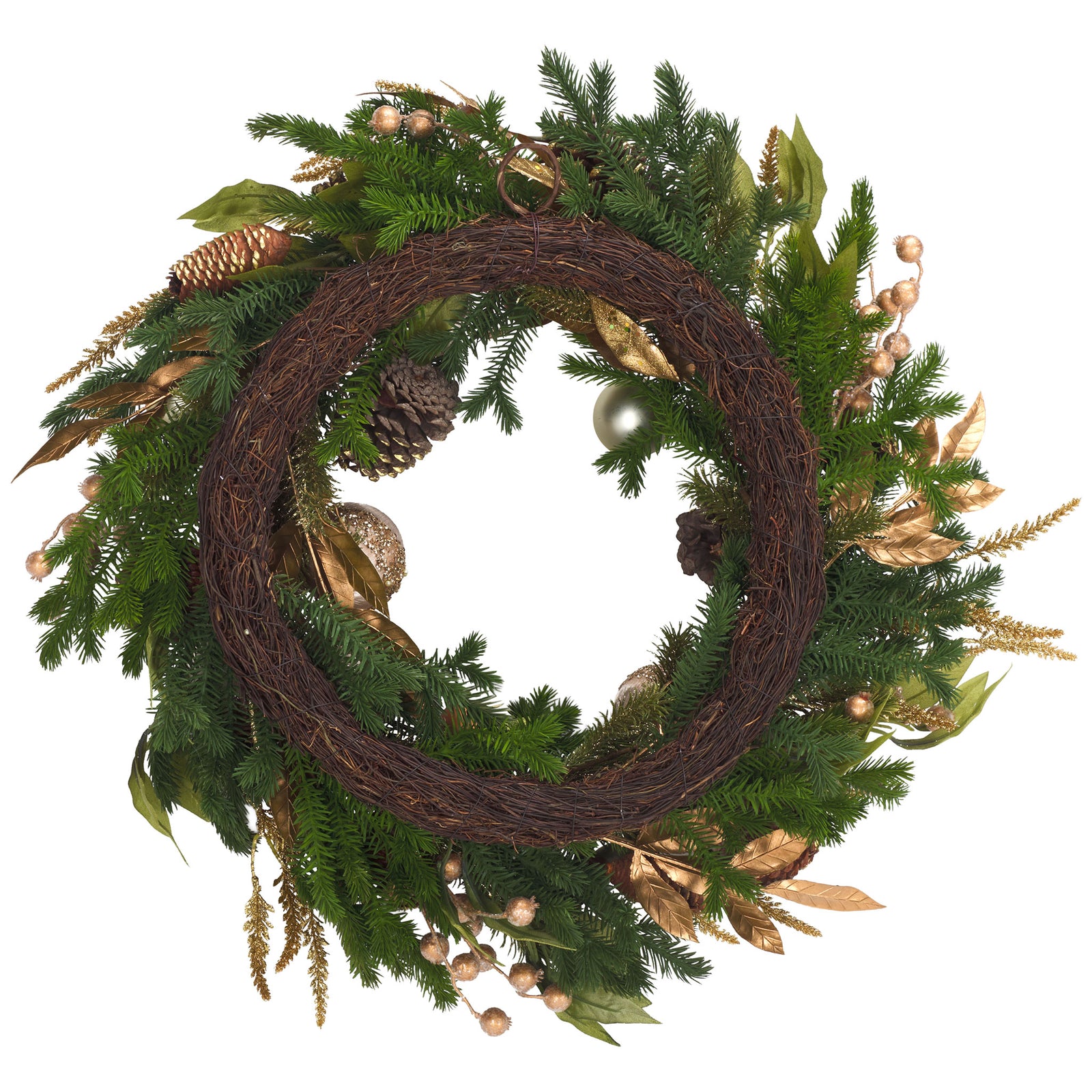 A woven vine ring and hanging loop lend sturdy support to the layered greenery || FXP1098A || back_studio