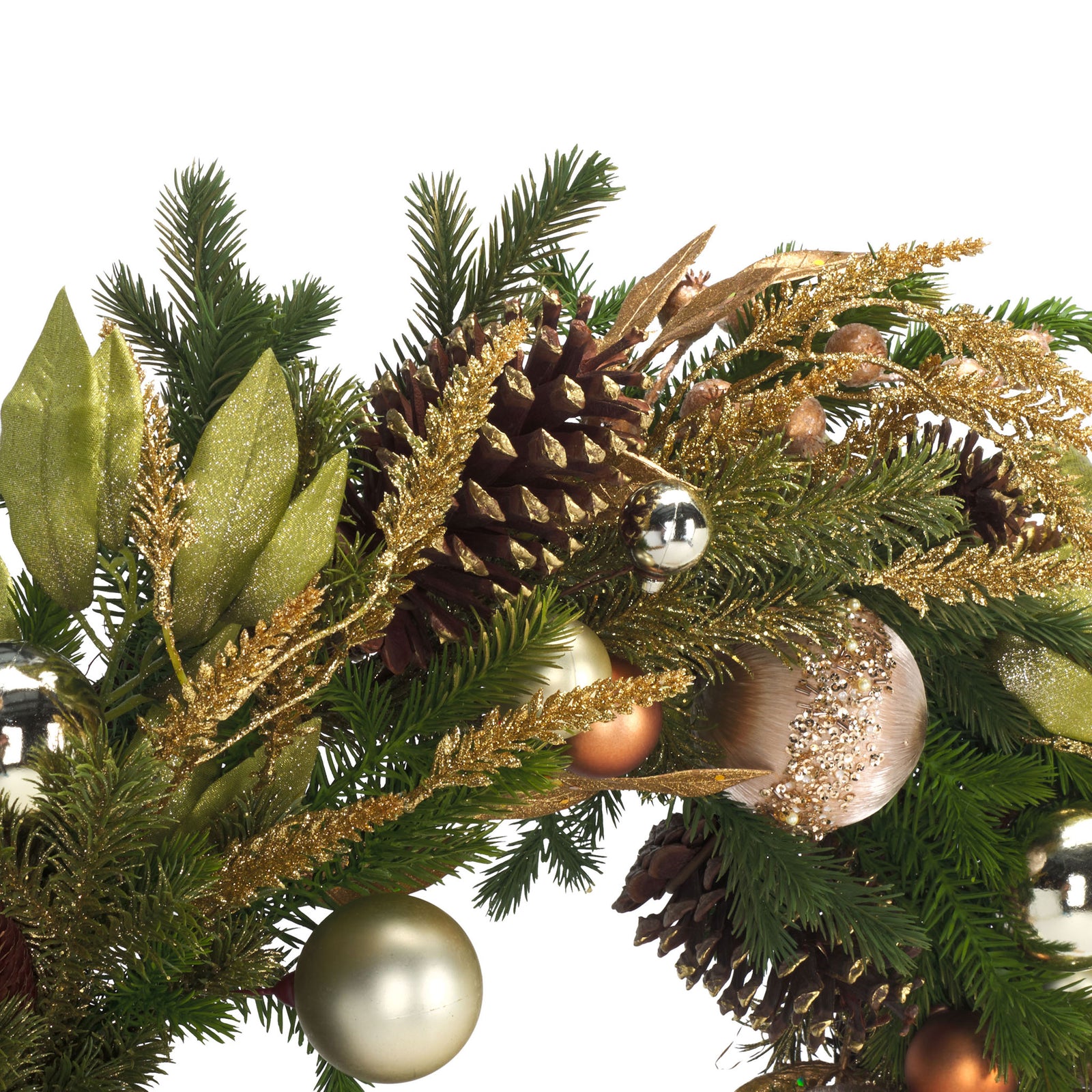 Pinecones nestle among glittering leaves, gold sprigs, and metallic ornaments || FXP1098A || detail_studio