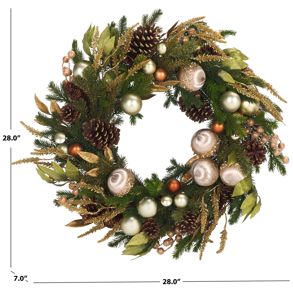 At 28 inches wide and 7 inches deep, this ornament-filled wreath makes a festive accent || FXP1098A || dimension_studio