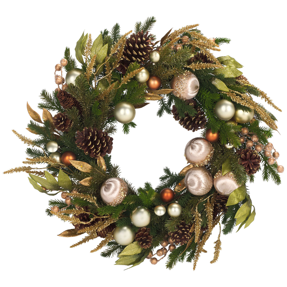 Evergreen boughs mingle with pinecones, glittering gold leaves, and champagne ornaments || FXP1098A || front_studio