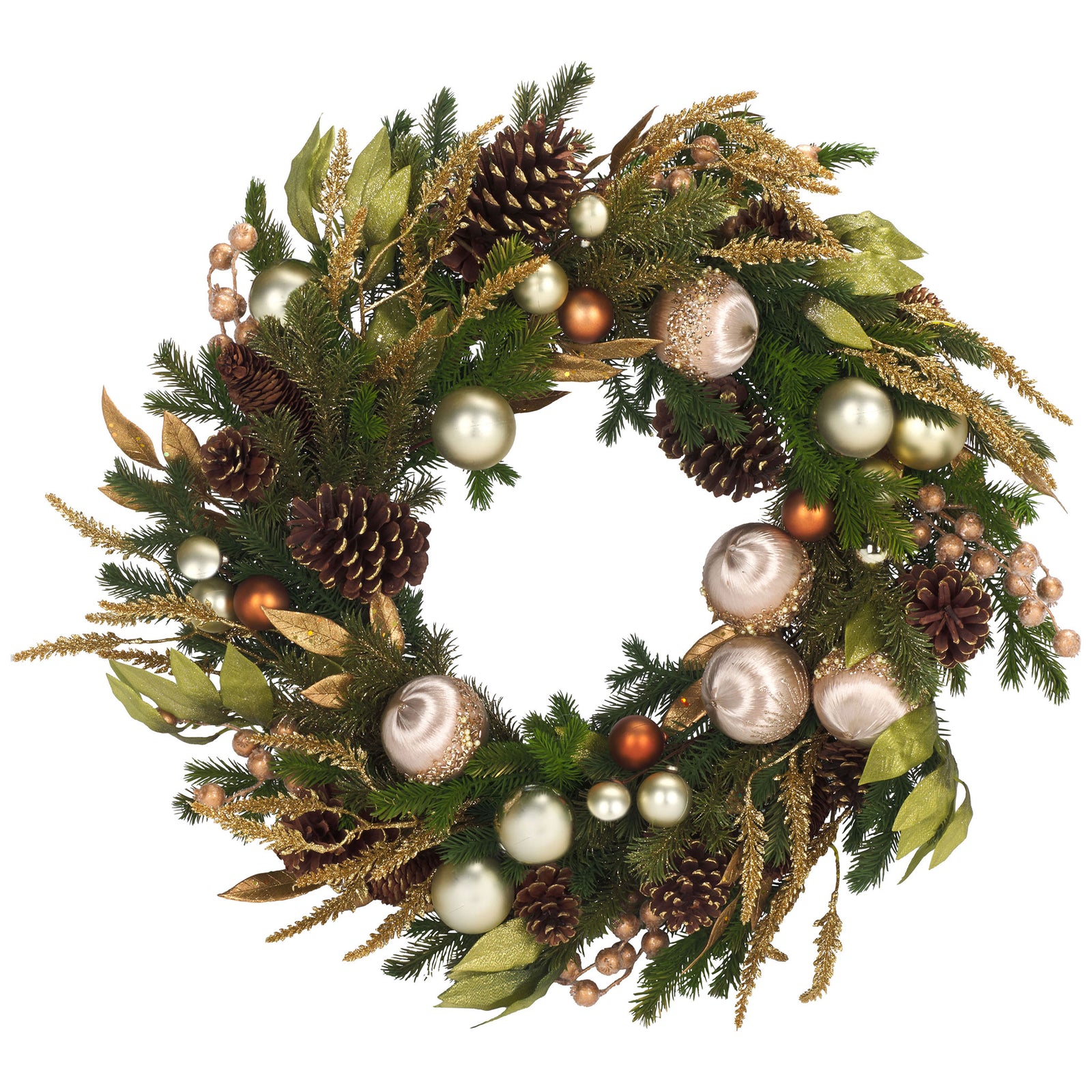 Evergreen boughs mingle with pinecones, glittering gold leaves, and champagne ornaments || FXP1098A || front_studio
