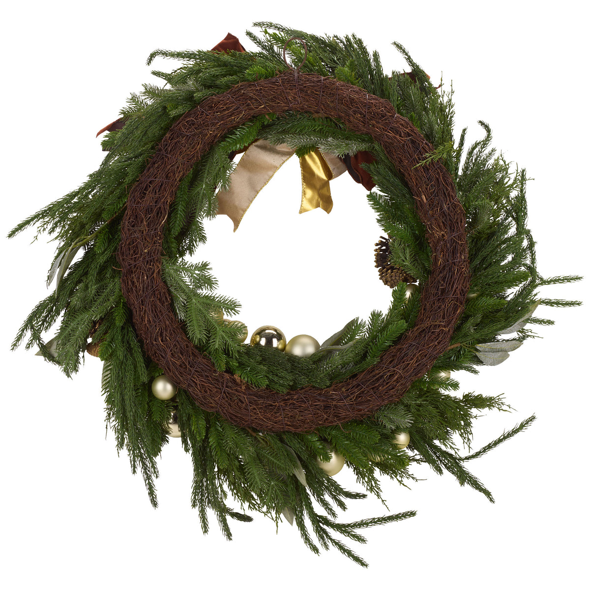 A woven vine ring supports lifelike evergreen branches and glints of gold ornaments. || FXP1099A || back_studio