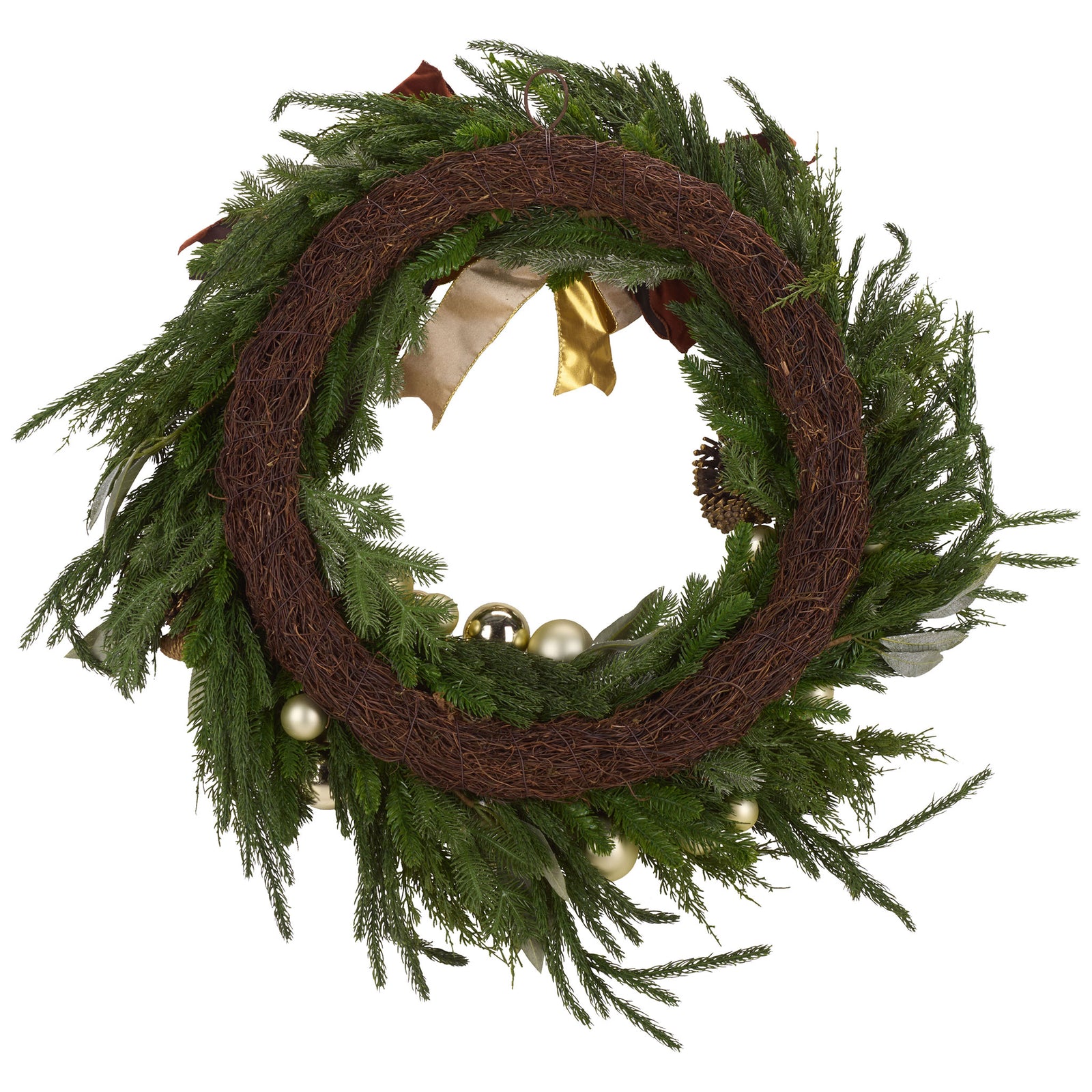 A woven vine ring supports lifelike evergreen branches and glints of gold ornaments. || FXP1099A || back_studio
