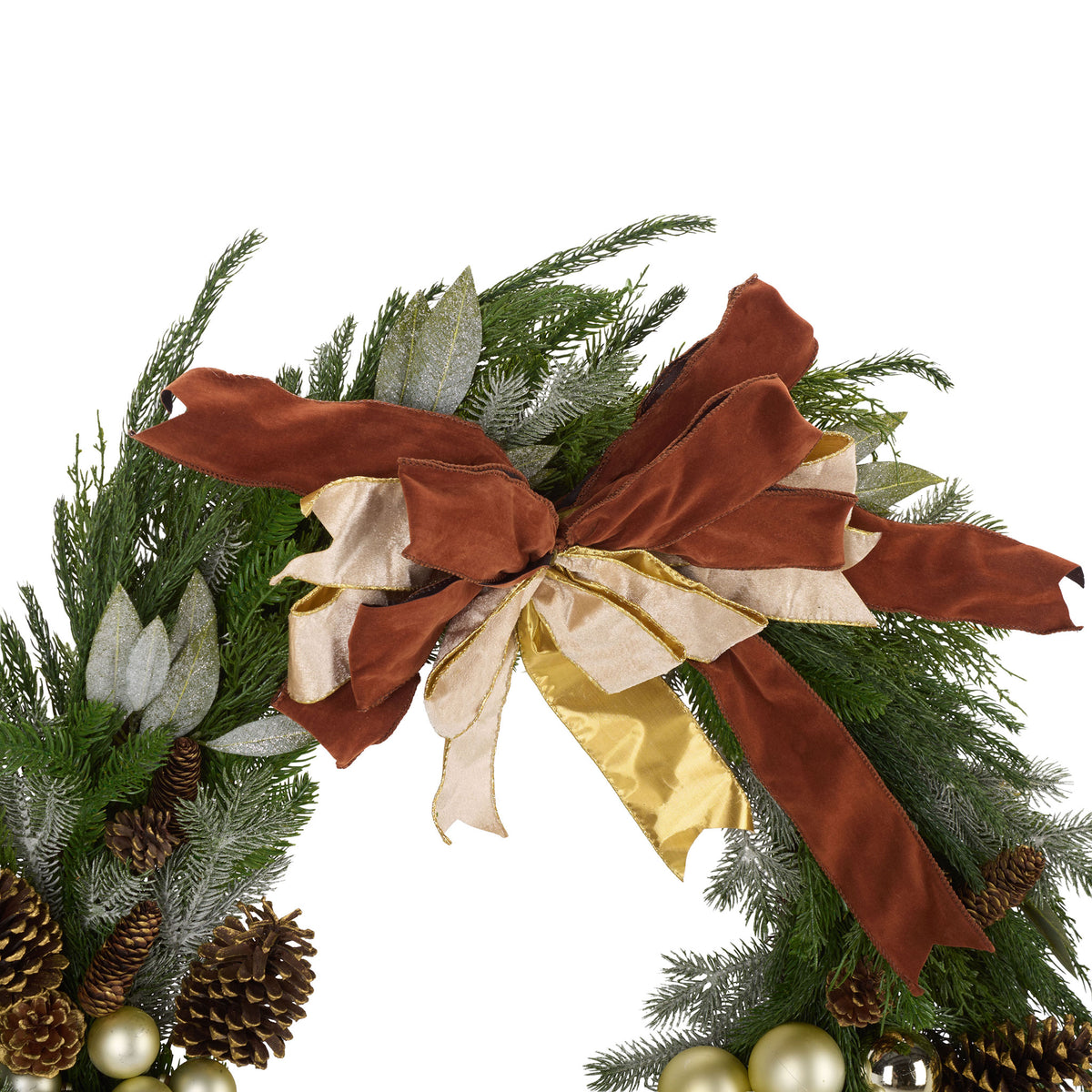 A voluminous rust, cream, and gold bow nestles into textured faux pine sprigs. || FXP1099A || detail_studio