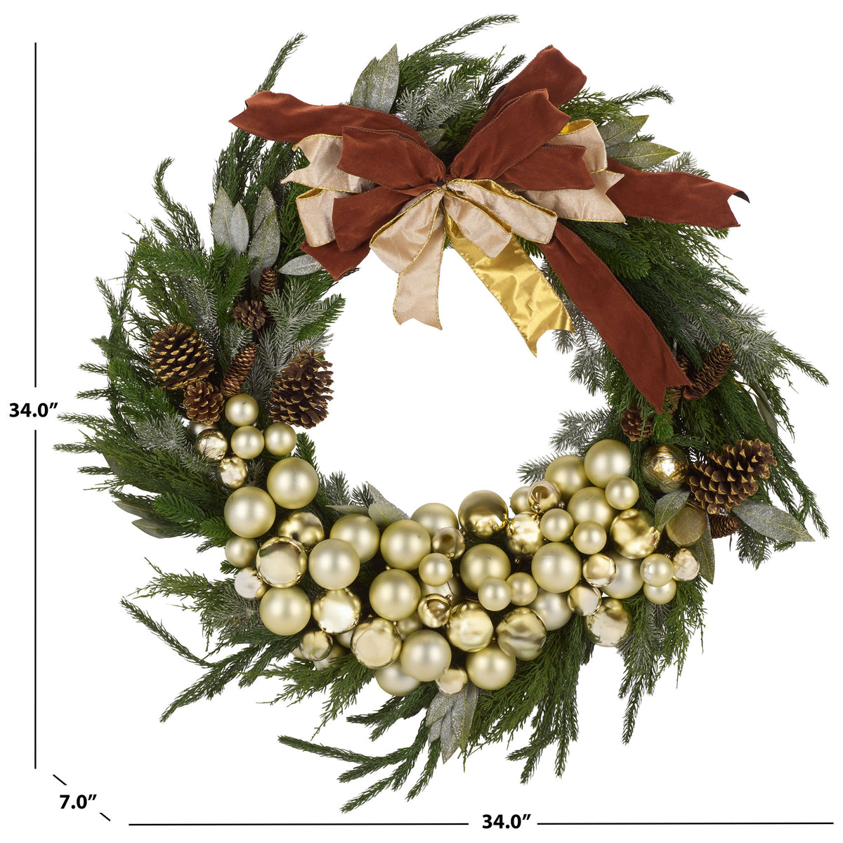 A 34-inch wreath combines lush greenery, pine cones, a layered bow, and gleaming baubles. || FXP1099A || dimension_studio