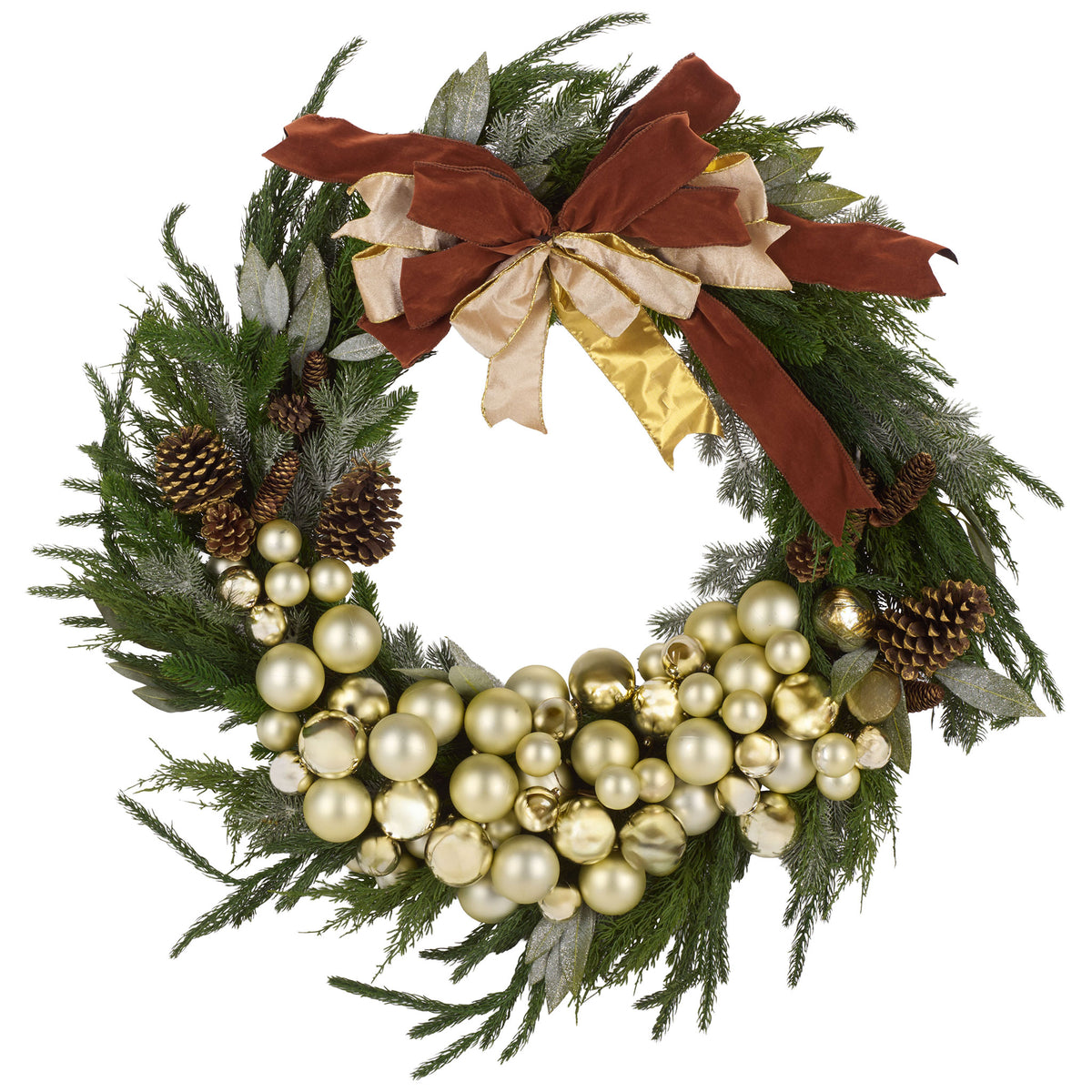 Champagne baubles cascade beneath a layered ribbon bow on this full faux pine wreath. || FXP1099A || front_studio