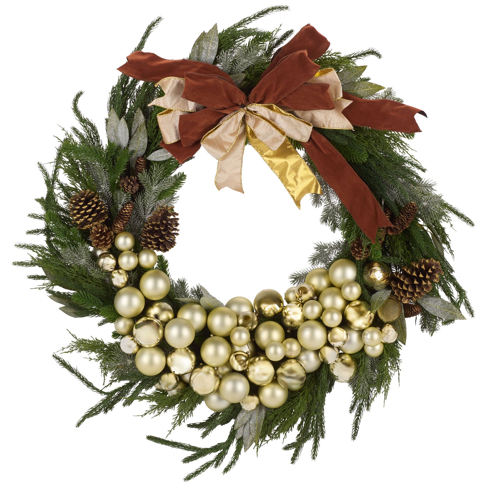 Champagne baubles cascade beneath a layered ribbon bow on this full faux pine wreath. || FXP1099A || front_studio